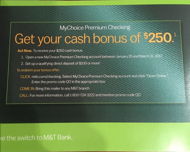 M&T Bank MyChoice Premium Checking Promotion 250 Bonus (AZ, CT, DC
