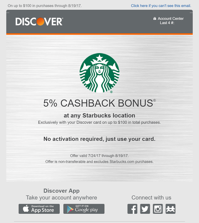 Discover Starbucks 5 Cashback Promotion (Targeted)