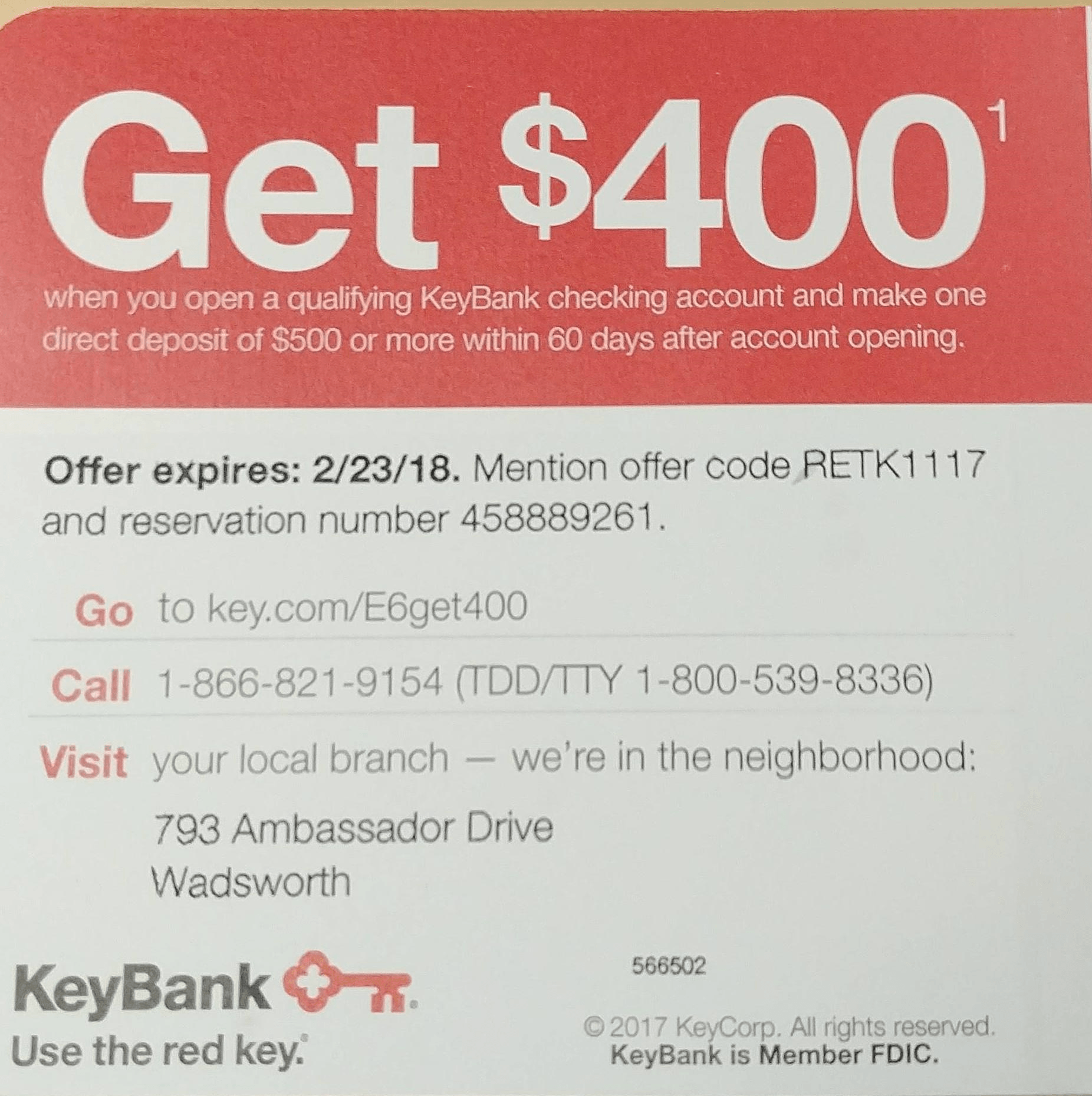 KeyBank Checking Account Promotion 400 Bonus (NY, OH, CO, CT, PA, OR