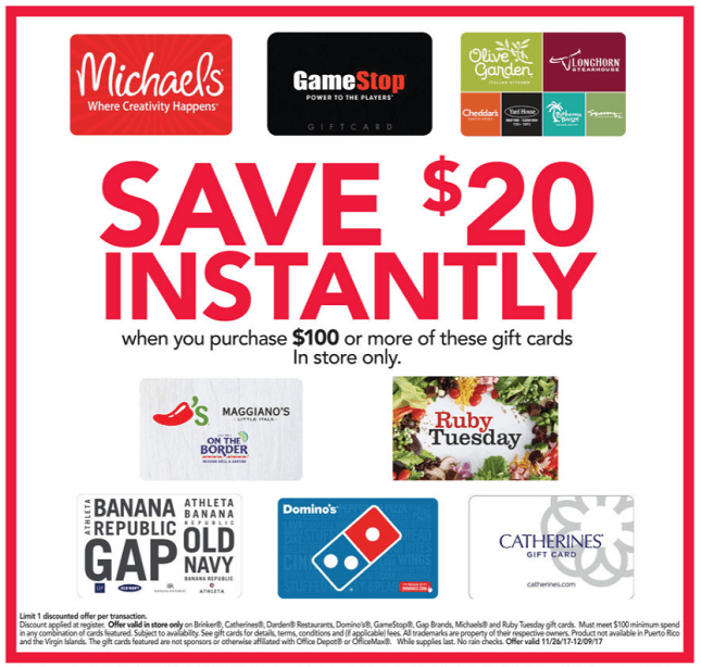 Office Depot/Office Max Gift Card Promotion 20 Off 100 Select Gift Cards