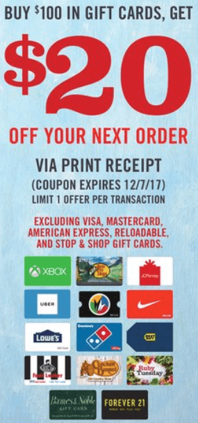 Stop &Amp; Shop Merchant Gift Card Promotion: $20 Off Next Order With $100 Purchase Gc