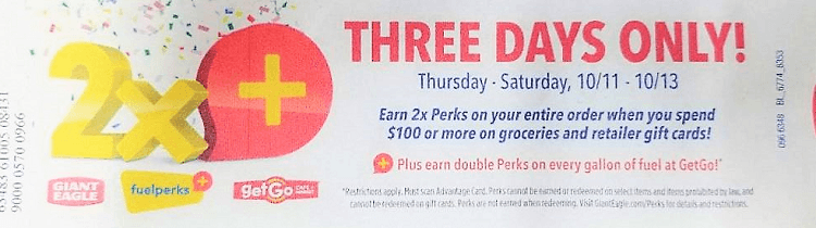 Giant Eagle FuelPerks Gift Card Promotion Earn 2X Fuel