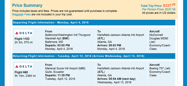 Priceline BWI to UID Flight Itinerary