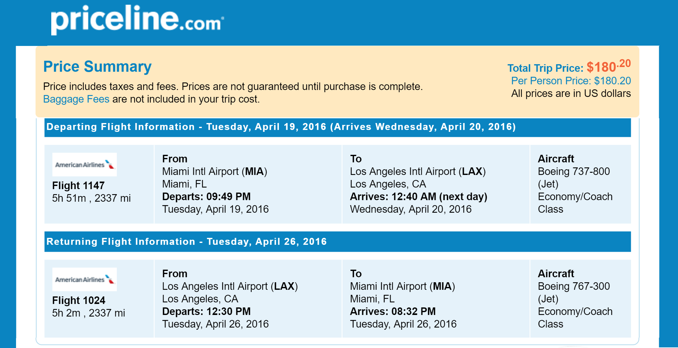 Priceline Non Stop Round Trip Flights Miami to Los Angeles, CA