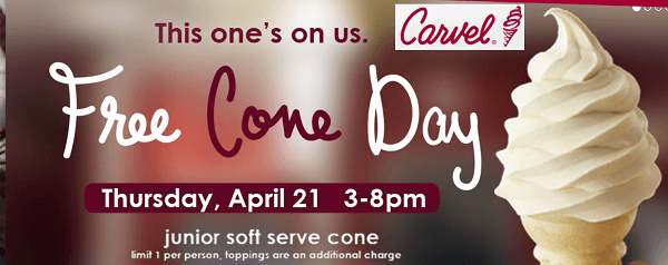 Carvel Free Cone Day Free Junior Size Soft-Serve Cone