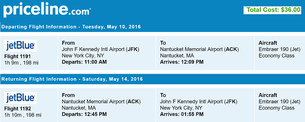 Priceline Nonstop Round Trip Flights New York to Nantucket, MA