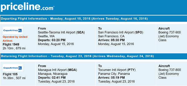 Priceline International Round Trip Flights Seattle to Managua, Nicaragua