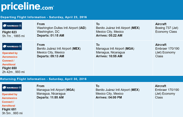 Priceline Round Trip Flights Departing Washington DC to Nicaragua