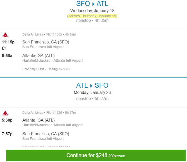 atl to sfo round trip