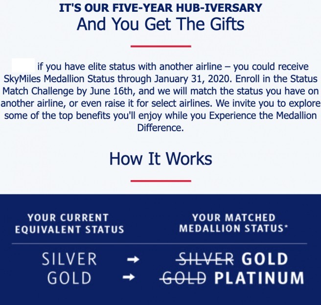 Delta Status Match Promotion Receive Medallion Member Status (YMMV)