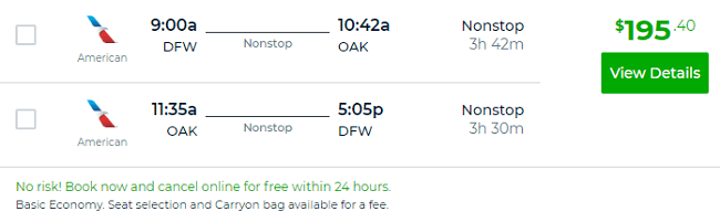 airfare round trip dallas to oakland