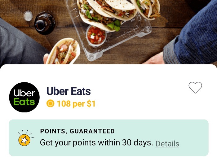 Earn 108 Points (10.8%) Back on UberEats Orders