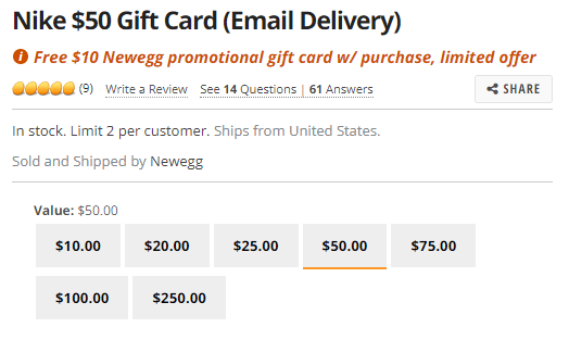 Newegg Nike Digital Gift Card Promotion Bonus 10 Newegg Gift Card W 50 Nike Gift Card Purchase