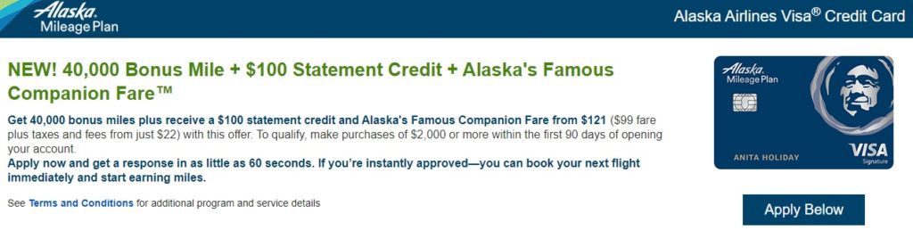 Bank of America Alaska Airlines Visa Credit Card Bonus: 40,000 Bonus Miles + $100 Statement Credit