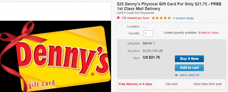 EBay Denny s Gift Card Promotion 25 GC For 21 75