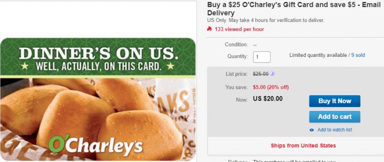 eBay O’Charley’s Gift Card Promotion: $25 GC for $20