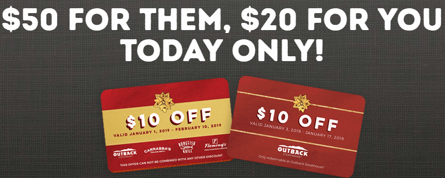 Outback Steakhouse Gift Card Bonus Promotion: $20 Bonus Card $50 GC