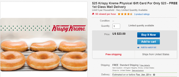 eBay Krispy Kreme Gift Card Promotion 25 GC for 23