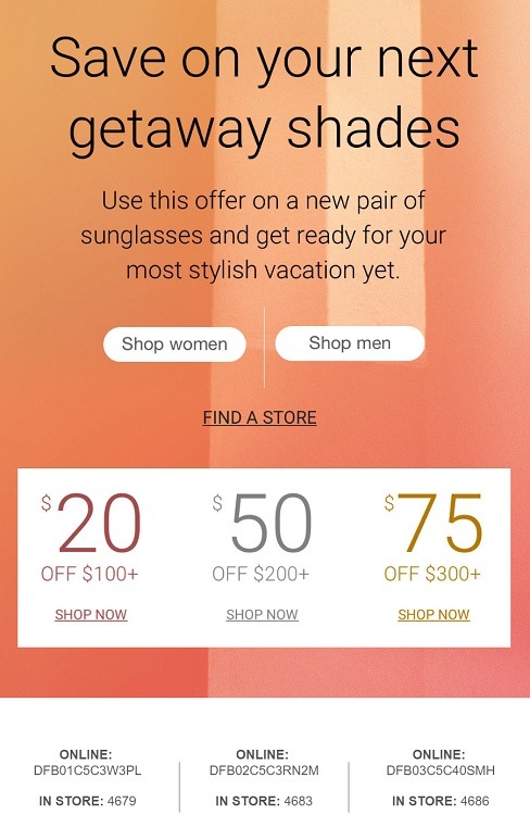 Promo code for sunglass hut online