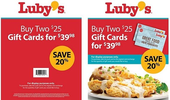 Lubys Promotions: Purchase $50 Gift Card for $39.98, Etc