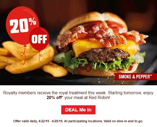 Red Robin Royalty Members Promotion Get 20 Off