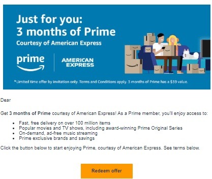 American Express Offers Free 3-Months of Amazon Prime