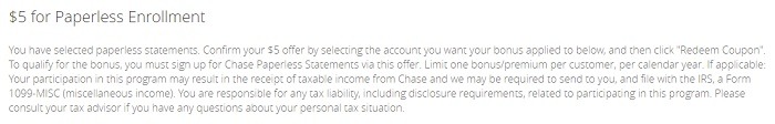 Chase Paperless Statements Promotion: Get $5 Bonus