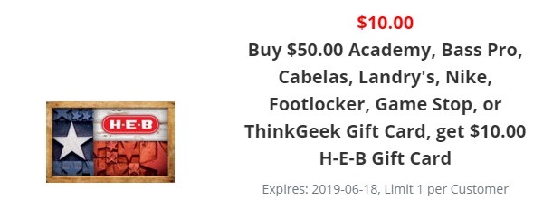 H-E-B Promotion: Get $10 HEB Gift Card Bonus w/ Select GC Purchase (Academy, Fanatics, Nike, Footlocker, & More!)