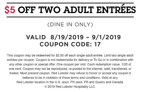 Red Lobster Adult Entree Coupon, Get $5 Off Two Entrees