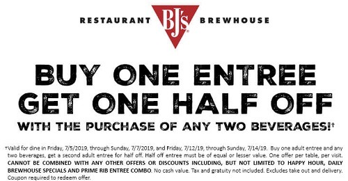 BJ'S BOGO Half Off Entree Coupon