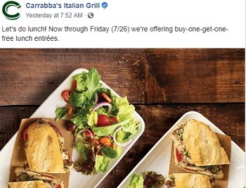 Carrabba's BOGO Lunch Promotion, BOGO Lunch Entrees