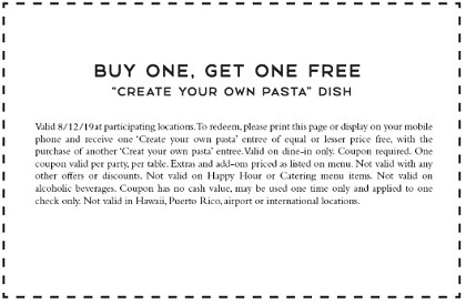 Macoroni Grill BOGO Pasta Dish Entree, Valid August 12 only