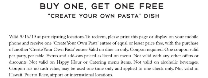 Romano’s Macaroni Grill Coupons, Promotions, Discounts, September 2019