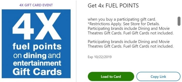 4X Fuel Points On Gift Cards – Dining & Entertainment