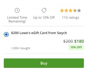 $200 Lowe's Gift Card for $180