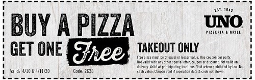 Uno Pizzeria &amp; Grill Promotions: Buy One Pizza Get One Free Coupon ...