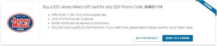 Save 20% On Jersey Mike’s Gift Card