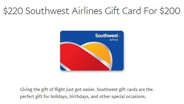 southwest airlines gift card promotion 220 for 200