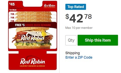 Red Robin 45 gift card for 42.78
