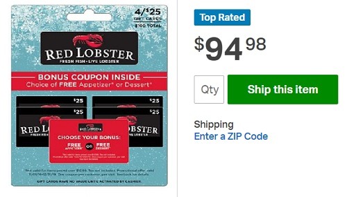 Red lobster 100 gift card for 94.98