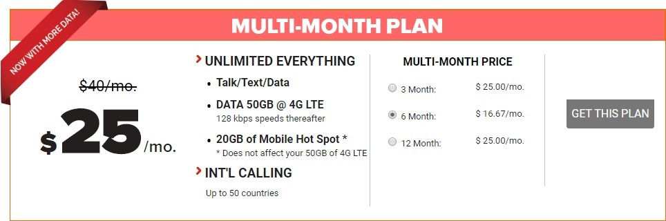 Get 6 Months Unlimited Talk & Text + 50GB LTE (Unlimited 2G) w/ 20GB Hotspot Plan SIM Kit for $100