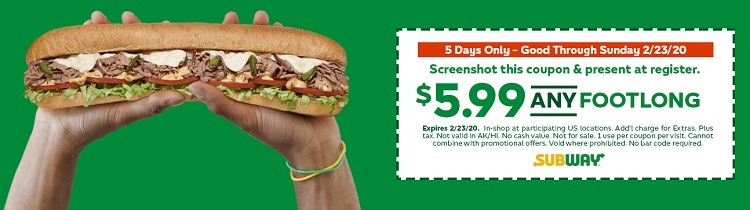 Subway 2 footlong coupon