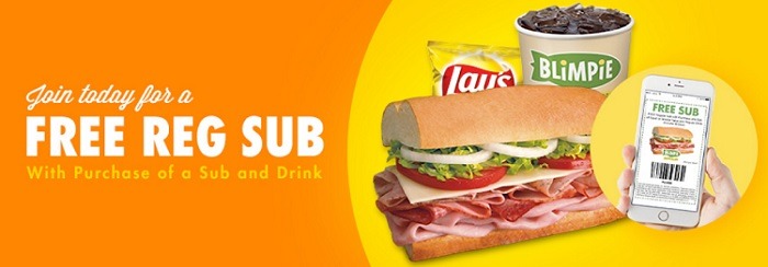 Blimpie free reg sub w sub and drink purchase