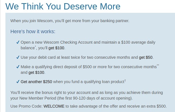 Wescom Credit Union Promotions 100 250 Checking Bonuses Ca