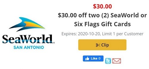 Get $30 Off Two SeaWorld/Six Flags Gift Cards