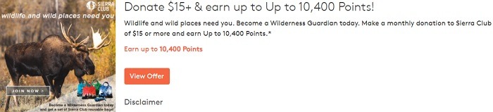 Earn Up to 10,400 Points w/ $15+ Donation to Sierra Club