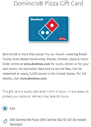 Purchase $50 Domino’s Gift Card for $42.50