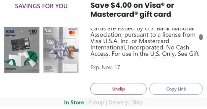 Get $4 Off Visa/Mastercard Gift Card Purchase