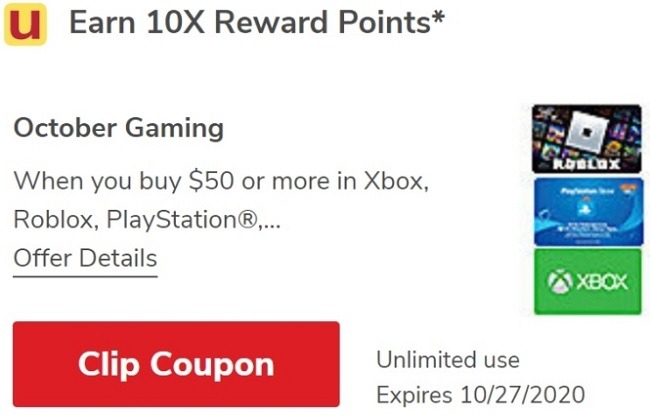 Earn 10X Reward Points on $50 Select Gaming Gift Cards Purchase