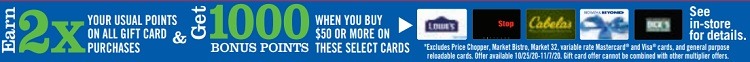 Earn 1,000 Bonus Points w/ $50+ Select GC Purchase
